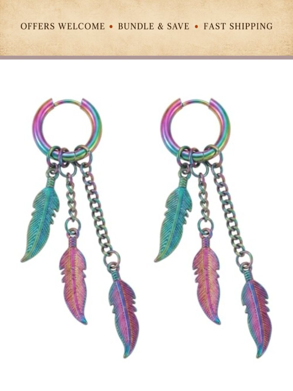 Punk Feather Chain Hoop Dangle Earrings 2 Pc Gothic Statement Jewelry